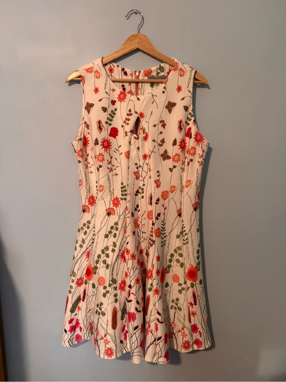 Danny & Nicole White Sleeveless Mini Dress with Warm Pink & Green Floral Print